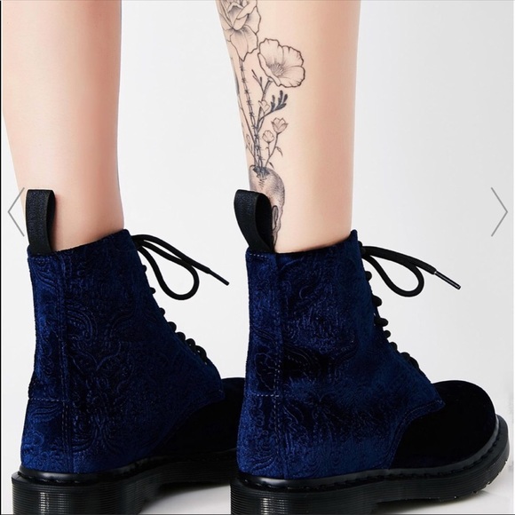 New! Dr Martens Combat Blue Embossed Velvet - Picture 2 of 7